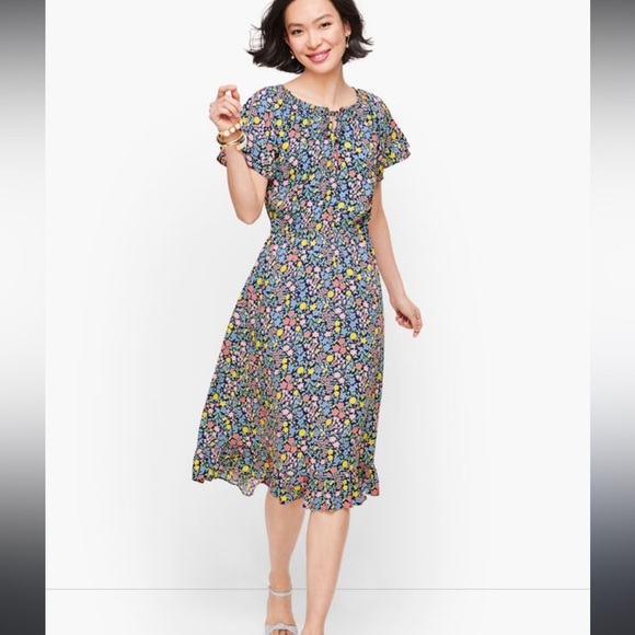 Talbots Gathered Tie Neck Floral Dress - Picture 1 of 7